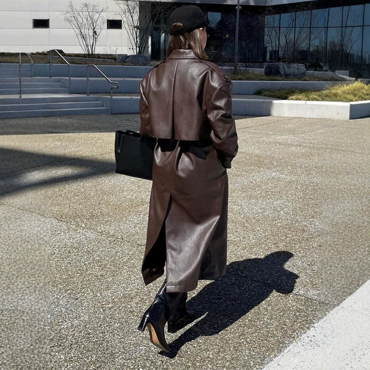 Damen Maxilanger Oversize Kunstleder-Trenchcoat mit weitem Revers und Taillengürtel Echoarchiv