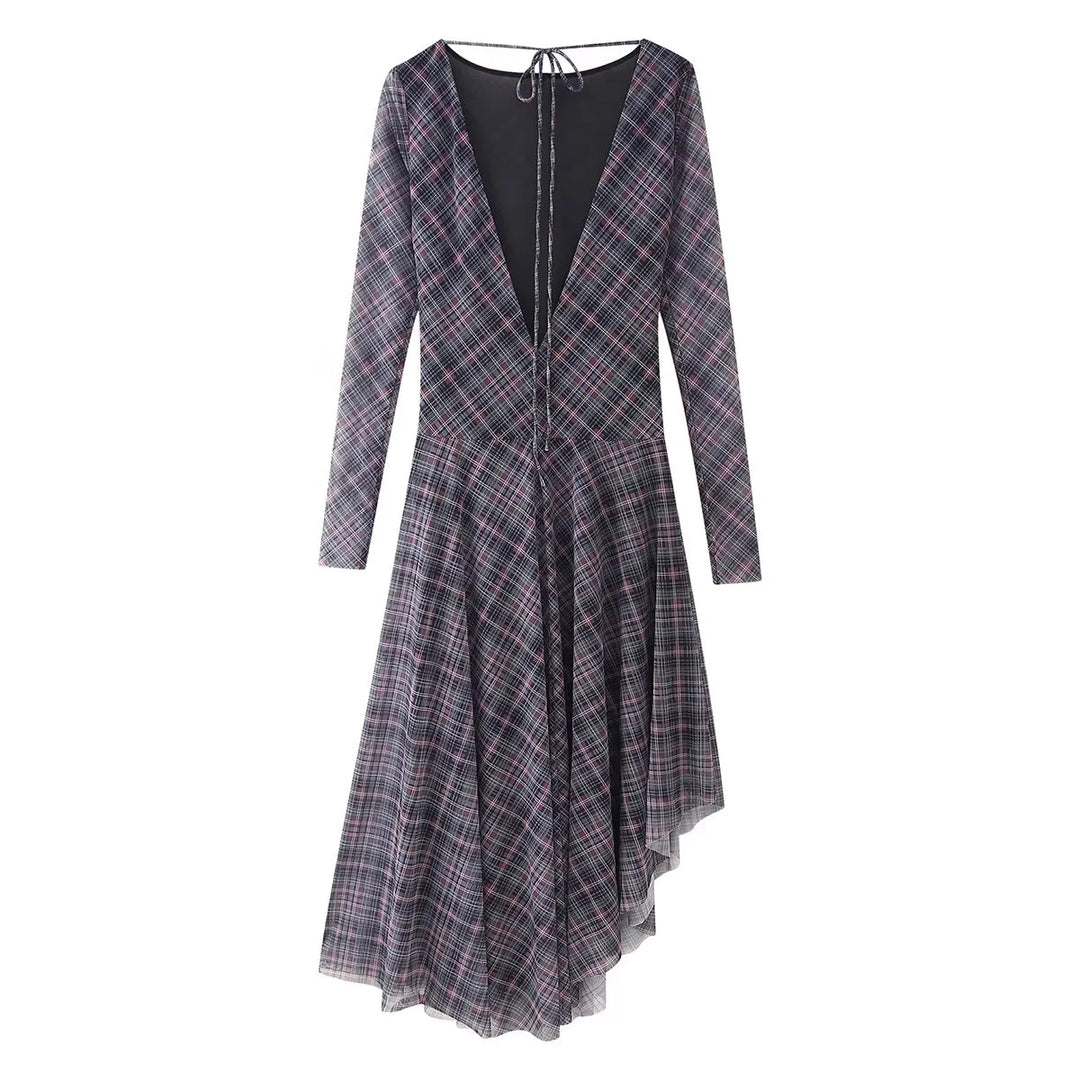 Damen nan asymmetrisches Midikleid mit Karomuster, geraffter Taille und schwingendem Stufenrock Echo Archiv