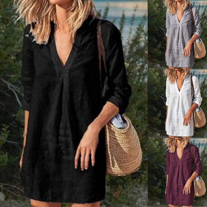 Damen nan Leinen Tunika Kleid mit V-Ausschnitt knielang lockere A-Linie Echo Archiv