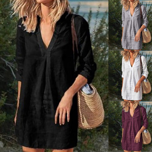 Damen nan Leinen Tunika Kleid mit V-Ausschnitt knielang lockere A-Linie Echo Archiv