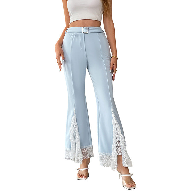 Damen High‑Waist Schlaghose mit seitlichen Spitzeneinsätzen, Taillengürtel und ausgestelltem Saum Echoarchiv