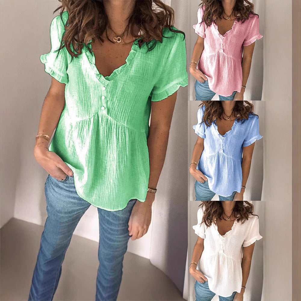 Damen V-Ausschnitt Bluse mit Rüschendetails und Knopfverschluss Echo Archiv