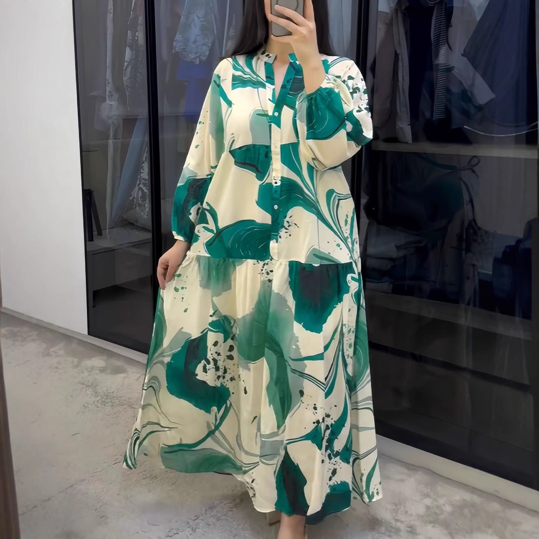 Damen Fließendes Maxikleid mit Stufenrock, überschnittenen Ballonärmeln und Stehkragen – Valéora
