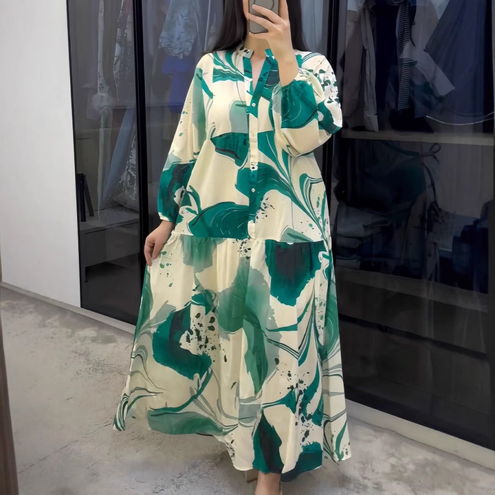 Damen Fließendes Maxikleid mit Stufenrock, überschnittenen Ballonärmeln und Stehkragen – Valéora