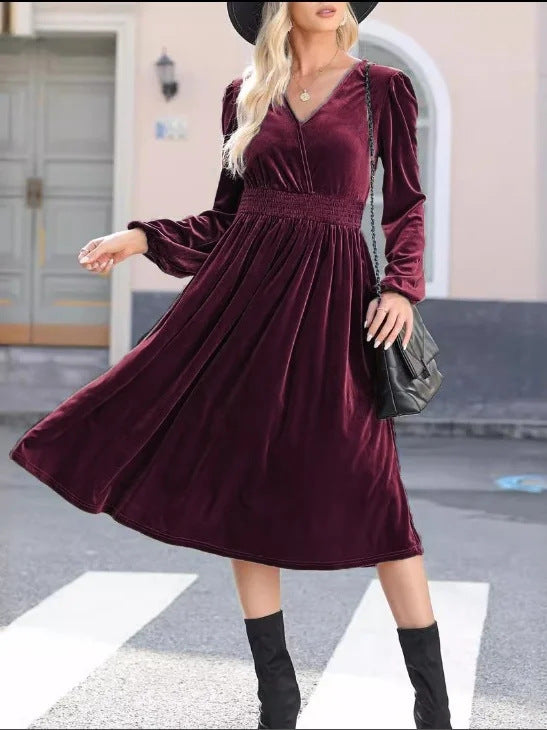 Damen Midikleid aus Samt mit V-Ausschnitt, geraffter Smock-Taille und langen Ballonärmeln – Élara