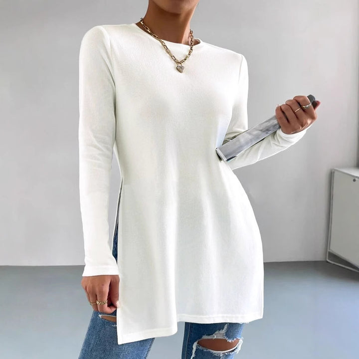 Damen Langes Feinstrick-Tunika-Shirt mit Seitenschlitzen und gerundetem Saum – Mavelle