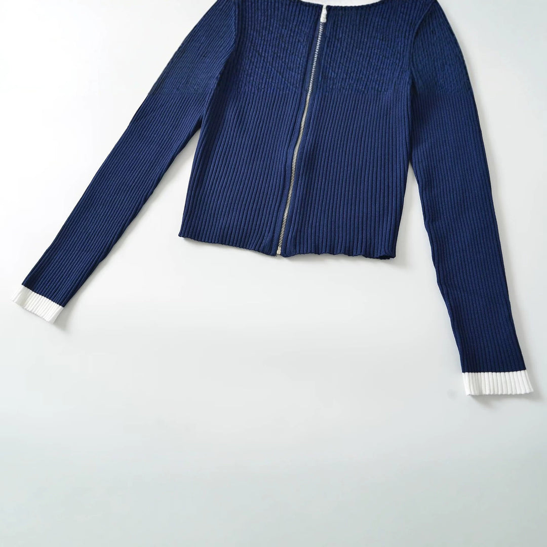 Damen Gerippte Reißverschluss-Strickjacke mit Stehkragen und Kontrastbündchen Echo Archiv