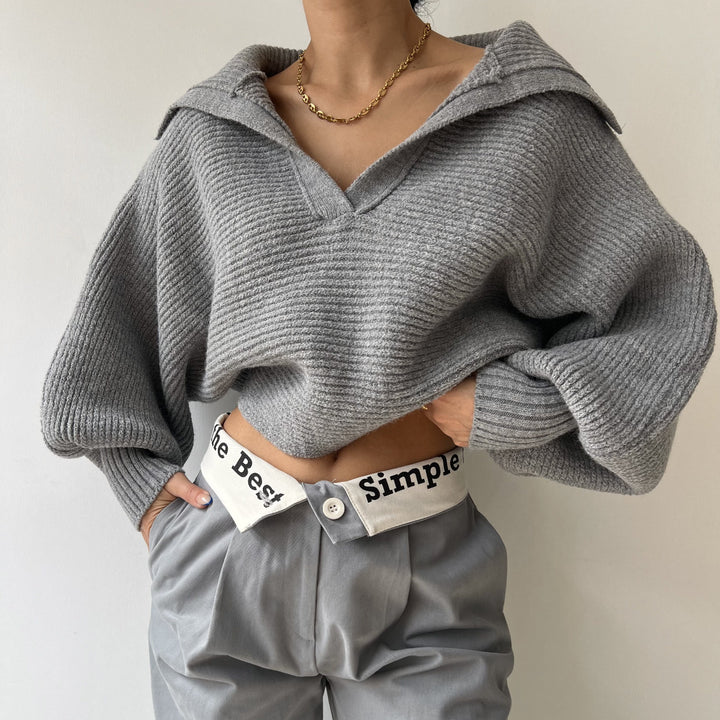 Damen Grobstrick Cropped-Pullover mit weitem Matrosenkragen und Oversize-Ärmeln – Mavelle