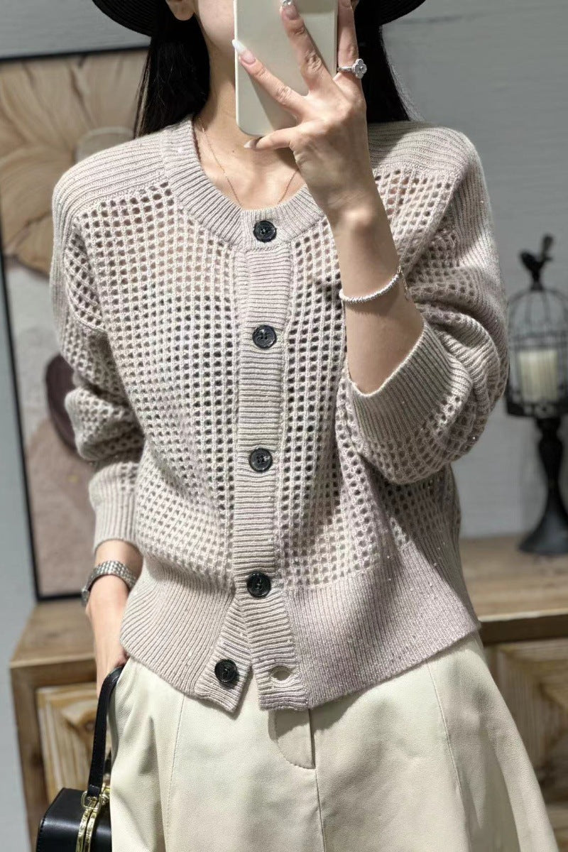 Damen Lockerer Mesh‑Cardigan mit Gitter‑Ajour, Rundhalsausschnitt und Knopfleiste Echoarchiv