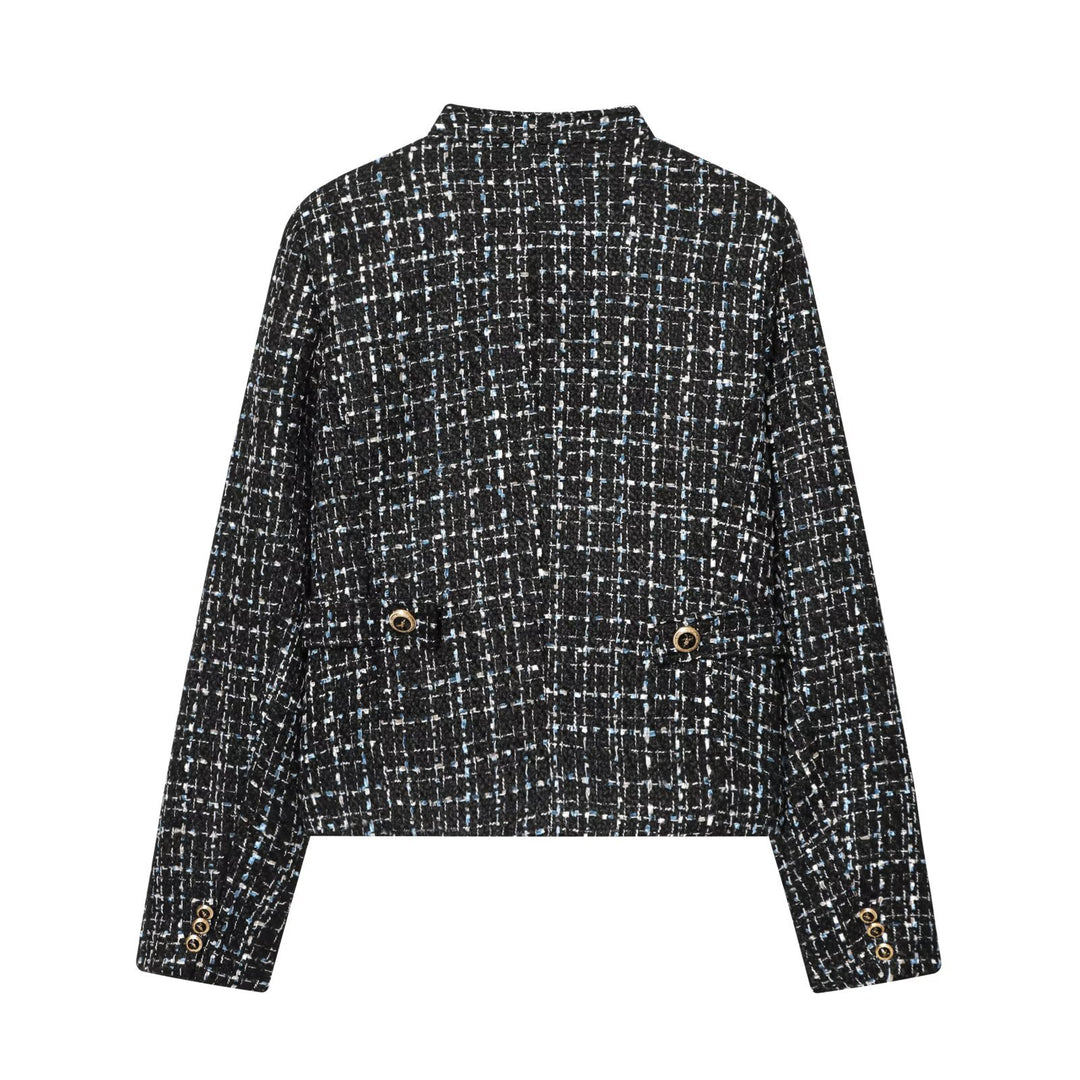 Damen Bouclé‑Tweed‑Cropped‑Jacke mit Stehkragen und goldfarbenen Schmuckknöpfen Echoarchiv