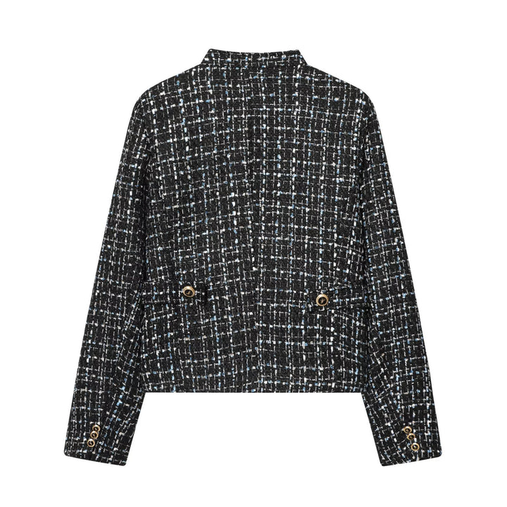Damen Bouclé‑Tweed‑Cropped‑Jacke mit Stehkragen und goldfarbenen Schmuckknöpfen Echoarchiv