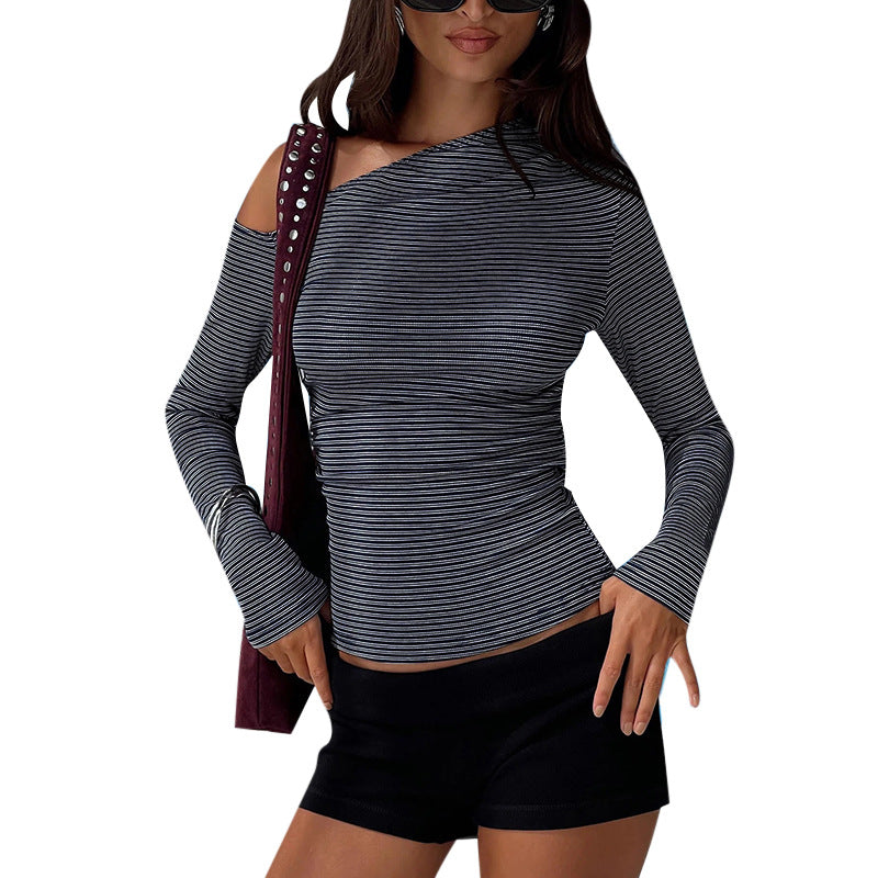 Damen Schulterfreies gestreiftes tailliertes Langarm-Top mit asymmetrischem Ausschnitt – Avérine