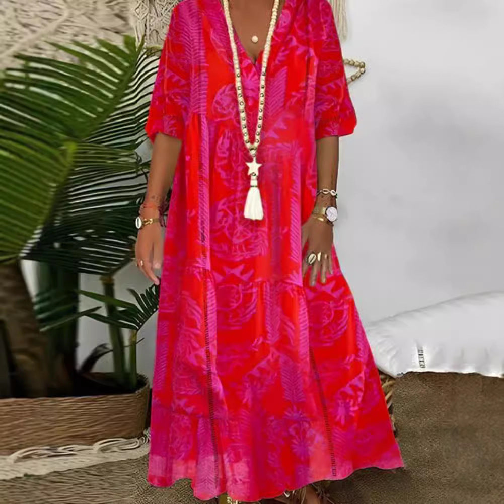 Damen nan Boho-Langkleid mit tiefem V-Ausschnitt, Stufenschnitt und legerer Oversize-Passform Echoarchiv