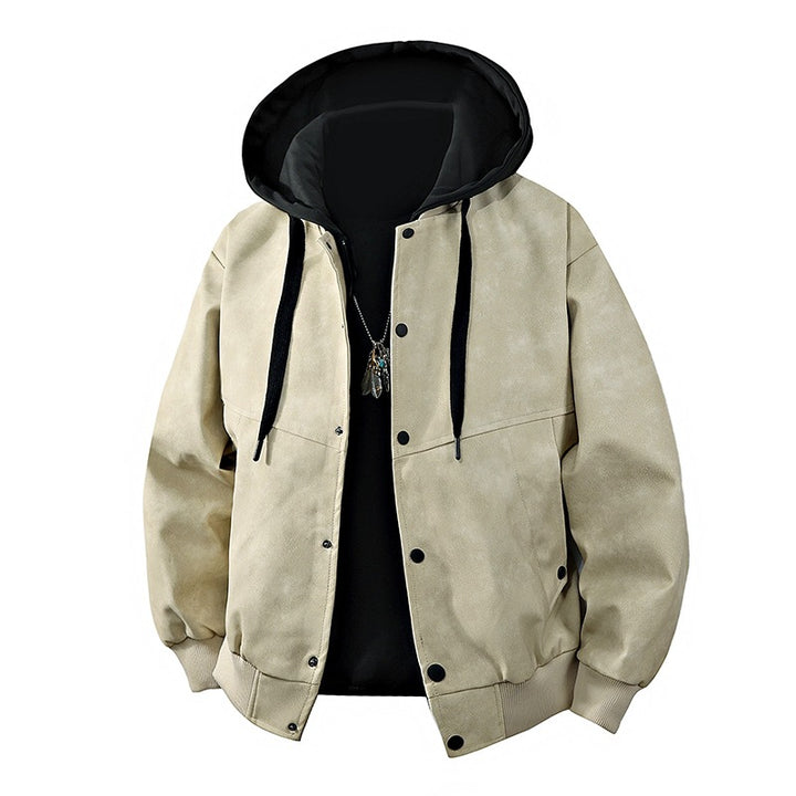 Herren Veloursleder‑Optik Kapuzenjacke mit Druckknopfblende, Oversize‑Schnitt & gerippten Bündchen Echoarchiv