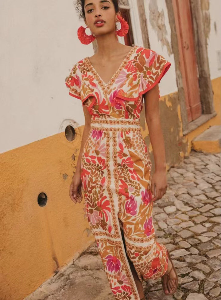 Damen Maxikleid mit farbenfrohem floralem Muster und Volantärmel Echo Archiv