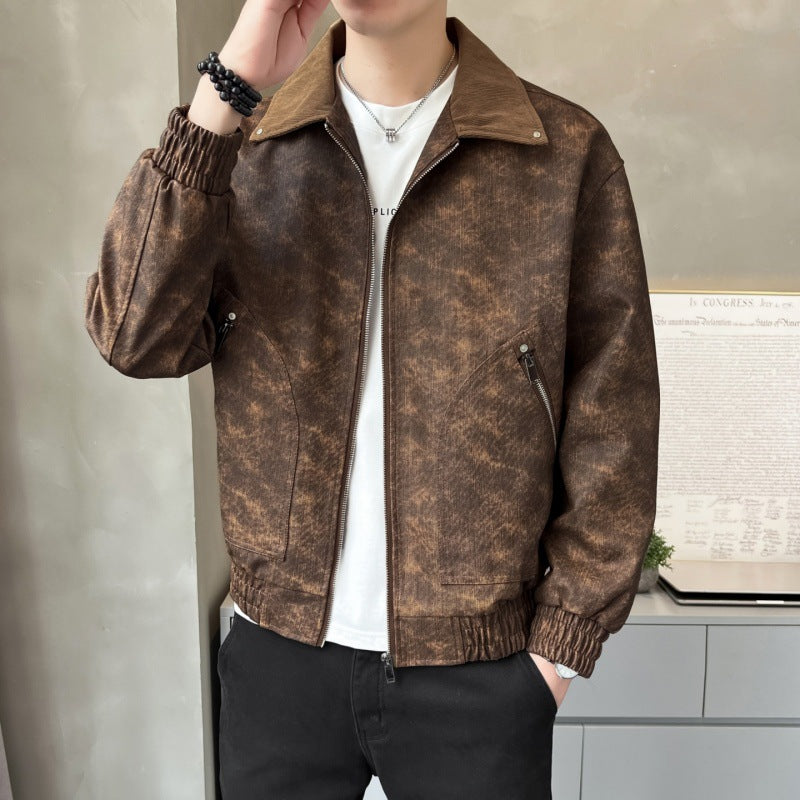 Herren modische Kunstlederjacke mit stylischem Stehkragen und praktischen Taschen Echoarchiv