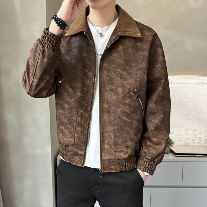 Herren modische Kunstlederjacke mit stylischem Stehkragen und praktischen Taschen Echoarchiv