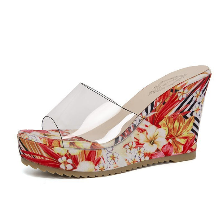 Damen nan PVC-Riemen Keilpantoletten mit floral bedruckter Keilsohle und ergonomischem Komfortfußbett Echo Archiv
