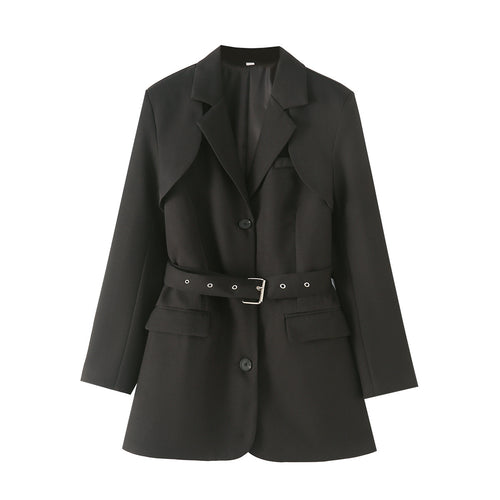 Damen taillierter Gürtel-Blazer mit asymmetrischem Schalkragen und Pattentaschen – Valéne