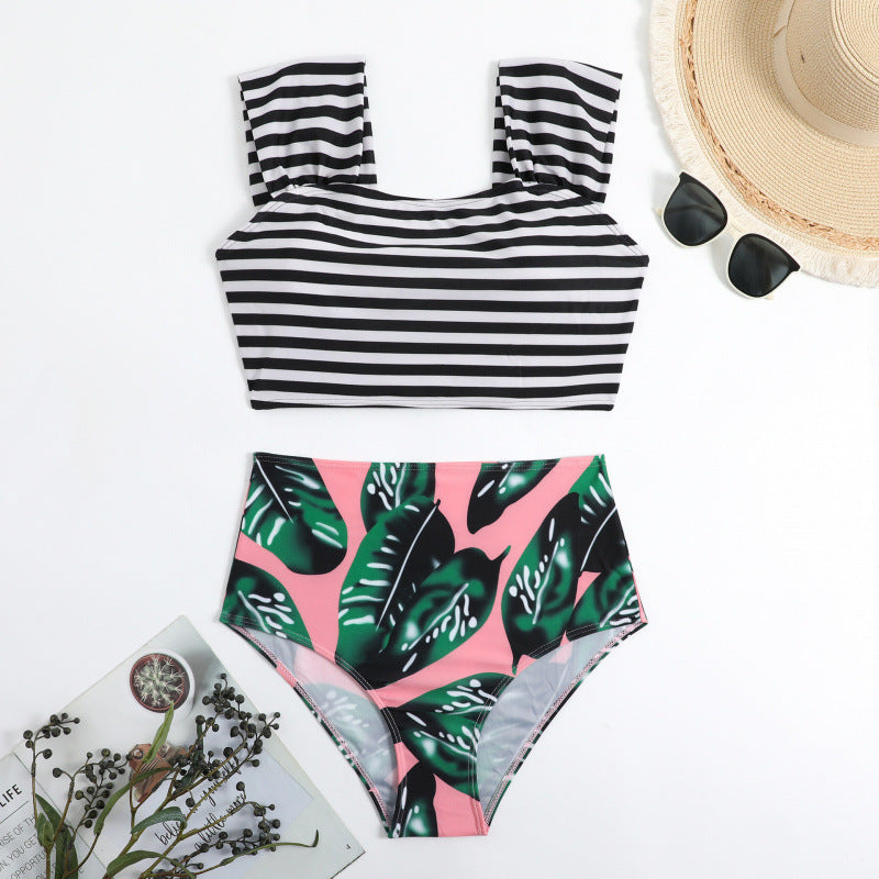 Damen Hochgeschnittener Bikini mit modischem Streifenmuster und floralem Unterteil Echo Archiv