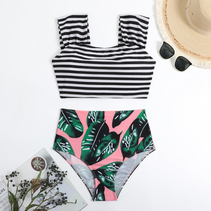 Damen Hochgeschnittener Bikini mit modischem Streifenmuster und floralem Unterteil Echo Archiv