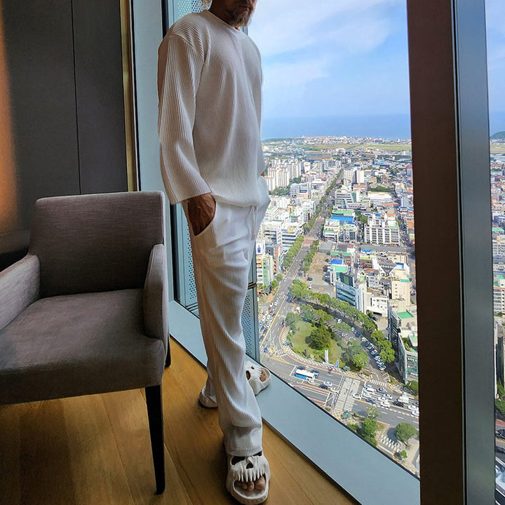 Herren Geripptes Lounge-Set mit Oversized-Langarmshirt und verkürzter Relax-Hose Echoarchiv