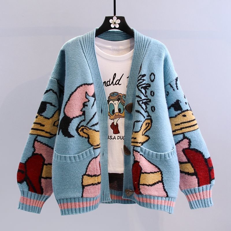 Damen Cartoon-Design Strickjacke mit breiten Ärmeln und Taschen Echoarchiv