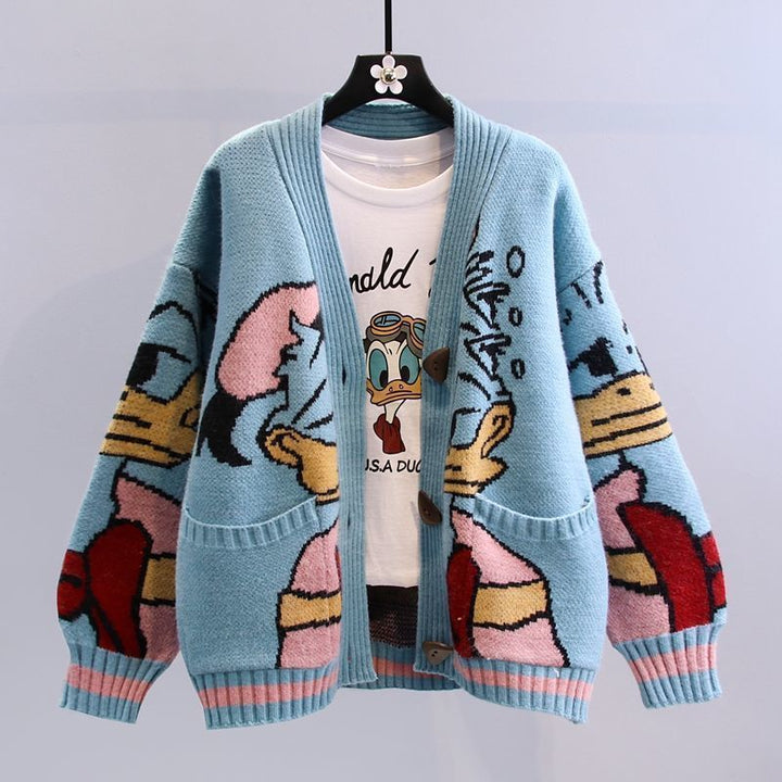 Damen Cartoon-Design Strickjacke mit breiten Ärmeln und Taschen Echoarchiv