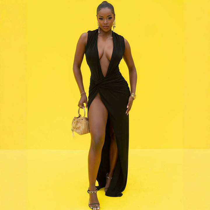 Damen elegantes langes Kleid mit tiefem V-Ausschnitt und raffinierter Raffung Echo Archiv