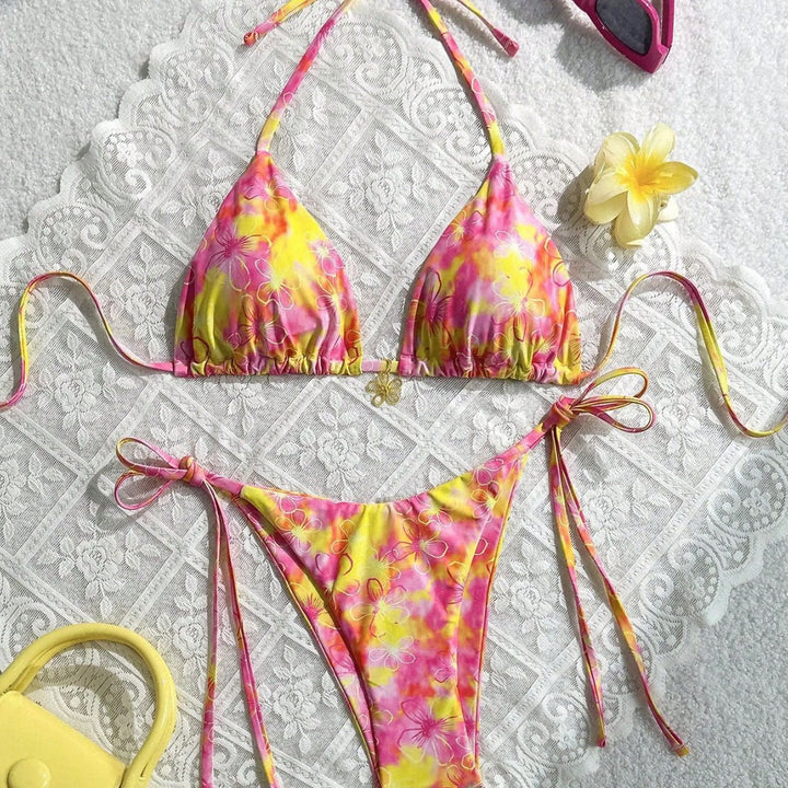 Damen Triangel-Bikini mit verstellbaren Bändern und buntem Blumenmuster Echo Archiv