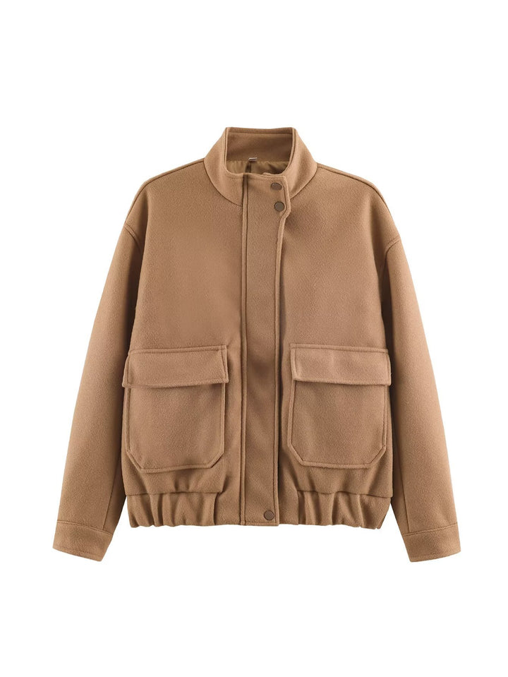 Damen Boxy Wollmix‑Blousonjacke mit Stehkragen, großen Pattentaschen und elastischem Saum Echo Archiv