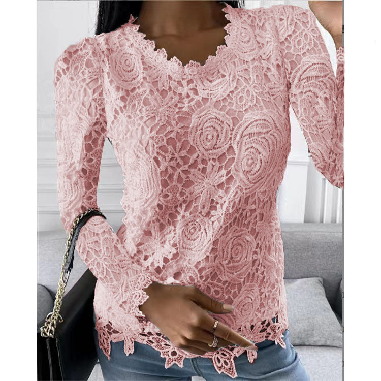Damen nan figurbetonte Spitzenbluse mit floraler Allover-Spitze, Langarm und gezacktem Saum Echo Archiv
