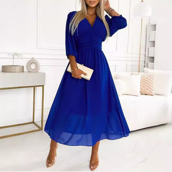 Damen Chiffon Maxi Kleid mit V-Ausschnitt, Rüschengesäß und 3/4 Ärmeln Echoarchiv
