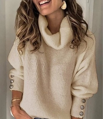 Damen Kuscheliger Oversize Rollkragenpullover mit Zierknöpfen an den Ärmeln Echoarchiv