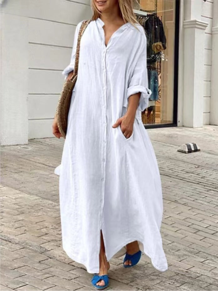 Echoarchiv | Einreiher Baumwoll-Leinen Plus Size Langkleid