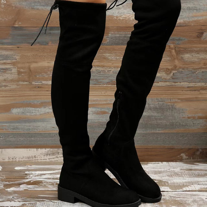 Damen Overknee‑Stiefel aus Veloursimitat mit elastischem Schaft und niedrigem Blockabsatz Echo Archiv