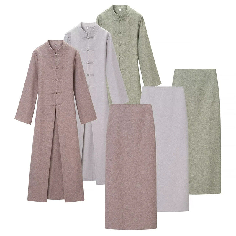Damen nan Mandarin-Mantel und gerader Midirock Zweiteiler-Set Echo Archiv