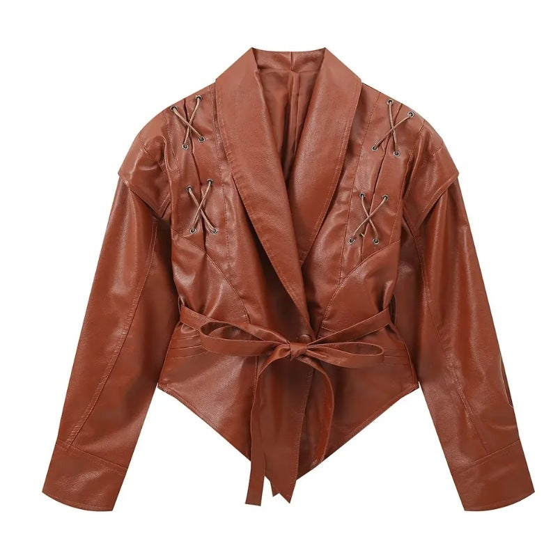Damen 100+ kurze Wickeljacke mit Bindegürtel und Ösen‑Schnürdetail Echo Archiv