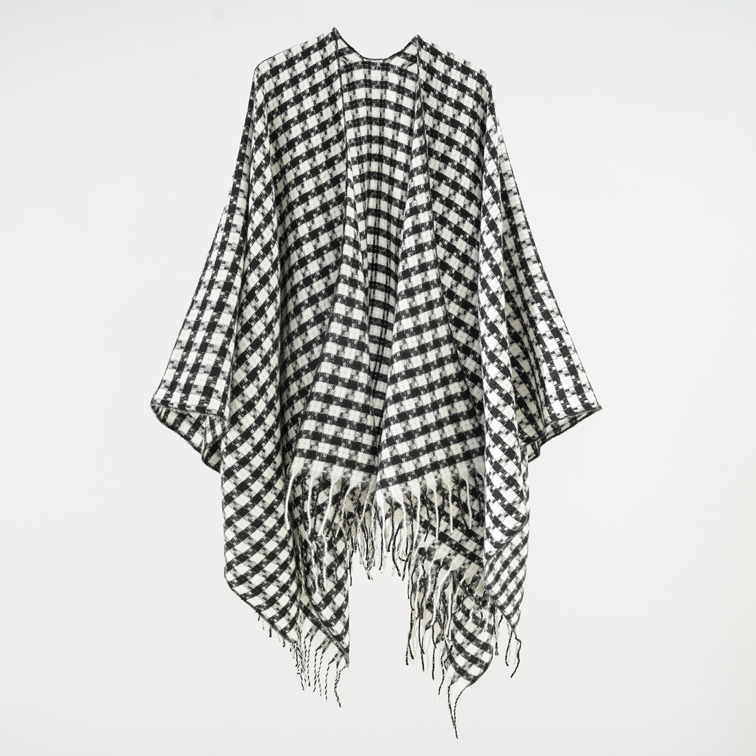 Damen Offener Wollmix-Poncho im Hahnentritt‑Karo mit Fransen – Célinea