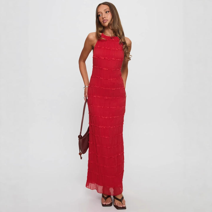 Damen Maxikleid mit schulterfreiem Design und fließenden Rüschen Echo Archiv