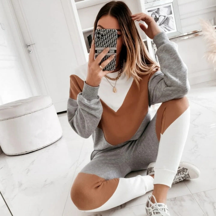 Damen nan sportives Colorblock-Sweatset mit Rundhalsausschnitt, Raglanärmeln und taillierter Jogginghose Echo Archiv