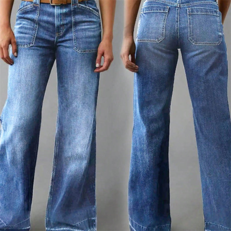 Damen Hochtaillierte Denim-Jeans mit weitem Schlagbein und aufgesetzten Vordertaschen Echo Archiv