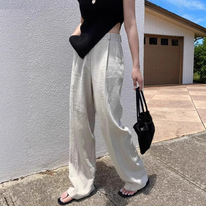 Damen Weite Leinenmix-Hose mit hoher Taille, Bügelfalte und Eingrifftaschen Echoarchiv