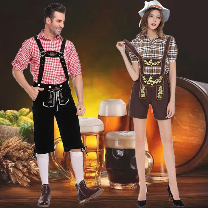 Damen nan kurze Trachten-Latzhose mit gesticktem Hirschmotiv, verstellbaren Trägern und Spitzenbordüre Echo Archiv