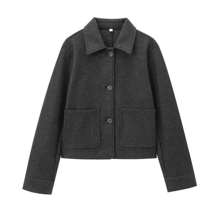 Damen kurze Wolljacke mit Hemdkragen, aufgesetzten Taschen und cleaner Boxy-Silhouette – Célinea