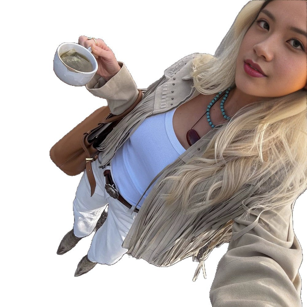 Damen Kurzfransen-Suedejacke im Westernstil mit Ziernähten und Nieten Echoarchiv
