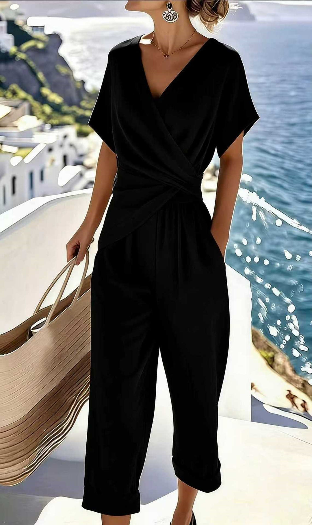Damen Eleganter Jumpsuit mit Wickeloptik und breiten Beinen Echo Archiv