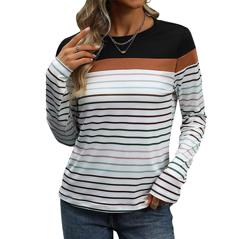 Damen Langärmliges gestreiftes Shirt mit Colorblock‑Schulter und Rundhalsausschnitt Echoarchiv
