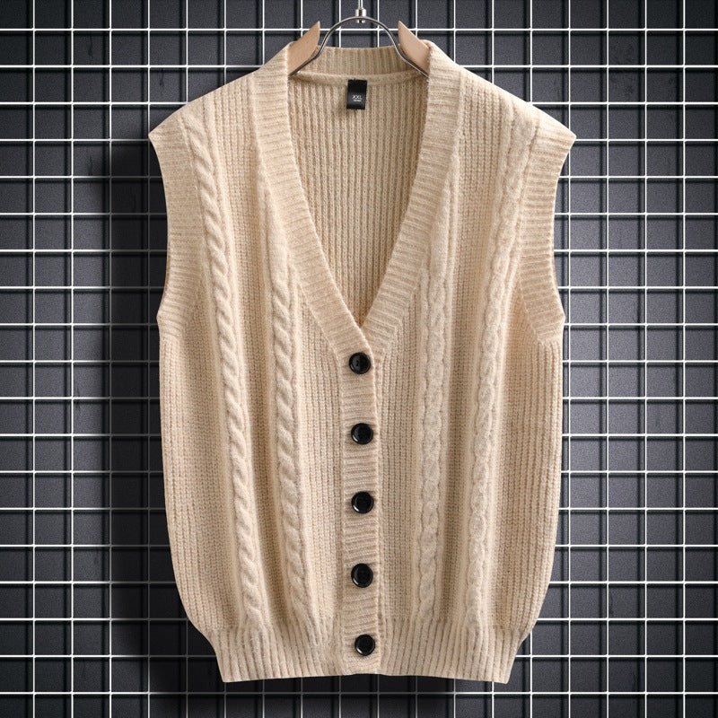 Herren ärmellose Strickjacke mit Zopfmuster und Knopfdetails Echoarchiv