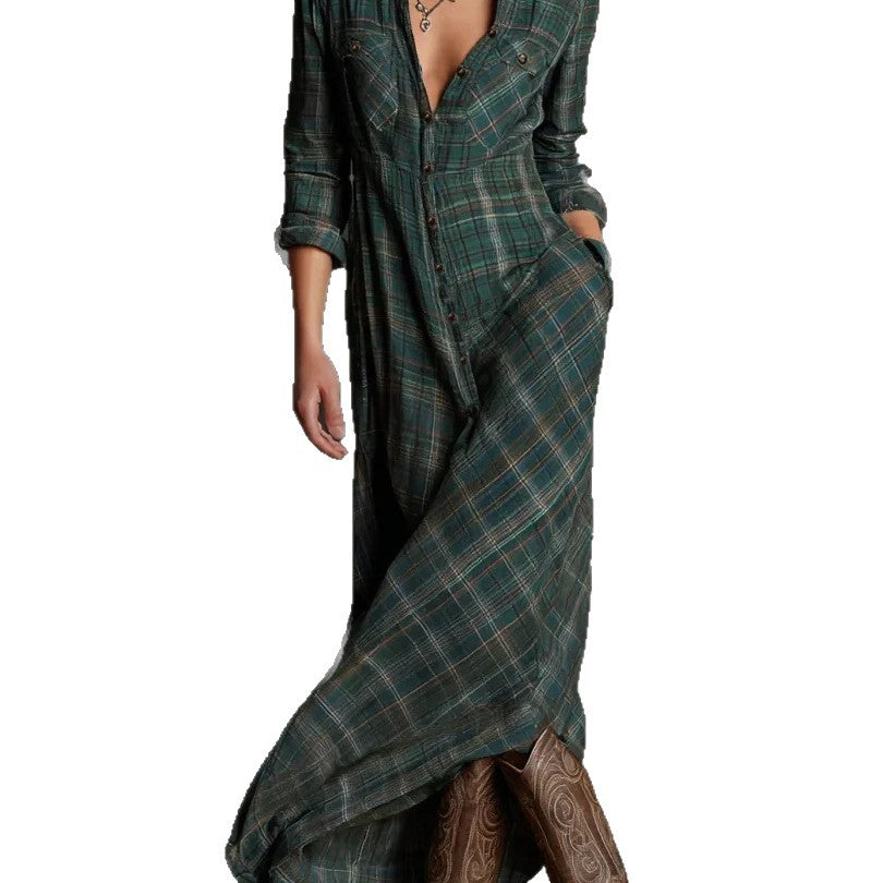 Damen Maxikleid aus kariertem Flanell-Look mit Knopfleiste und seitlichen Taschen – Valéora
